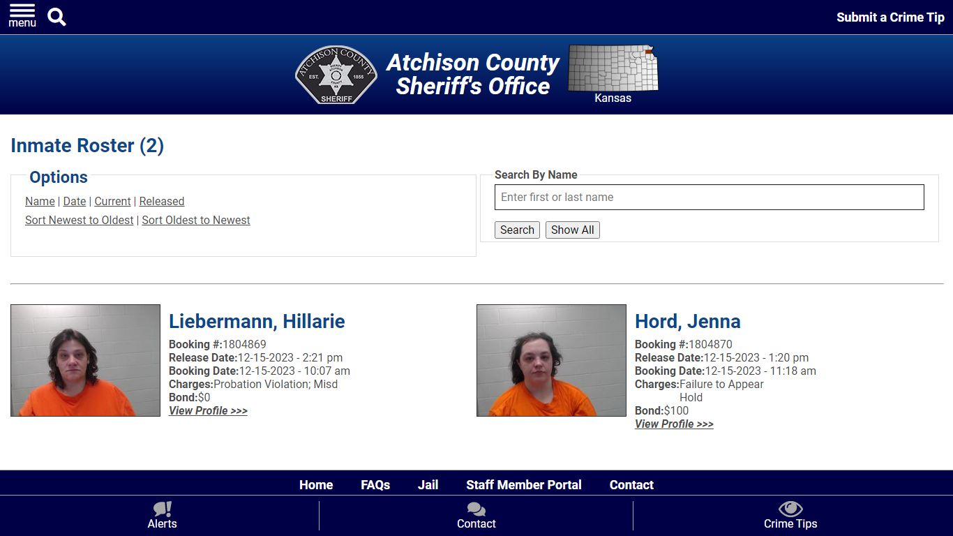 Released Inmates Booking Date Descending - Atchison County Sheriff's Office